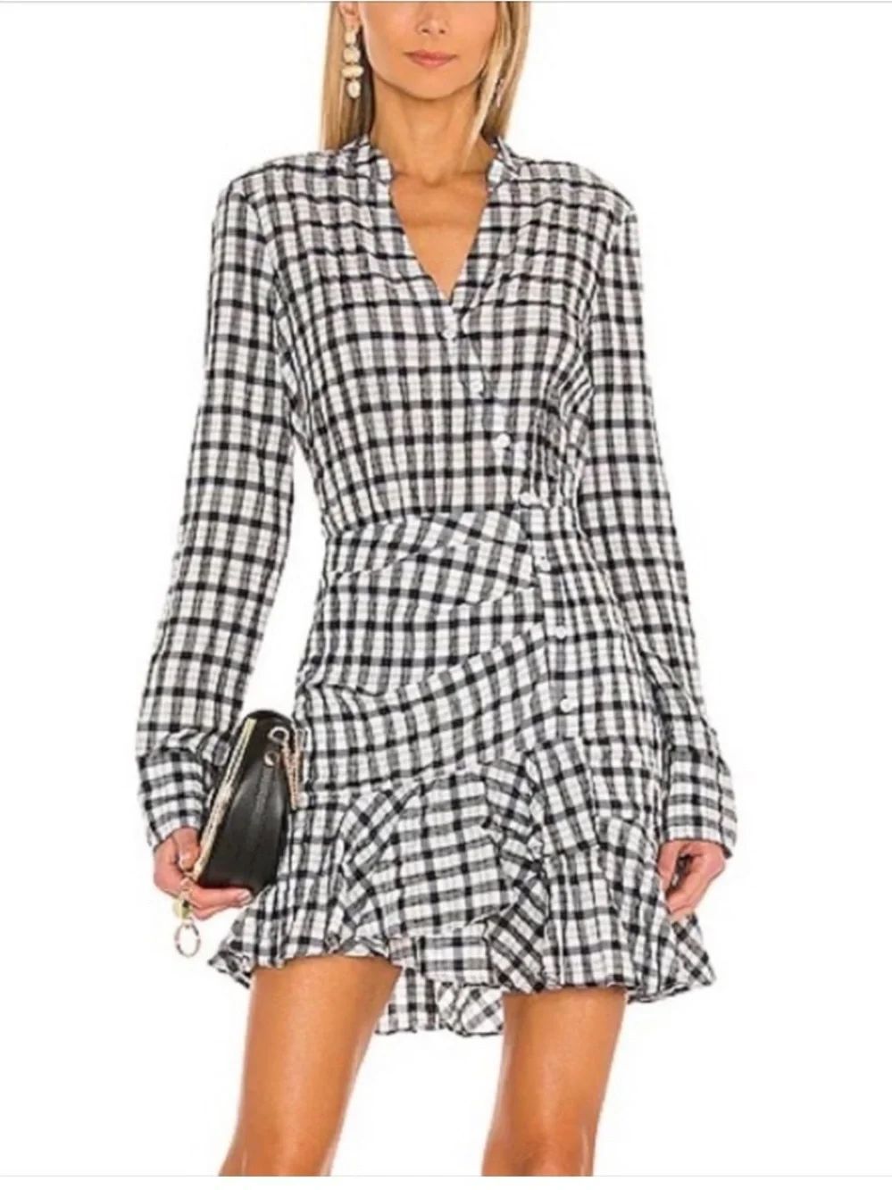 VERONICA BEARD Sherry Crinkle Plaid Mini Dress Navy Blue White Sz Small